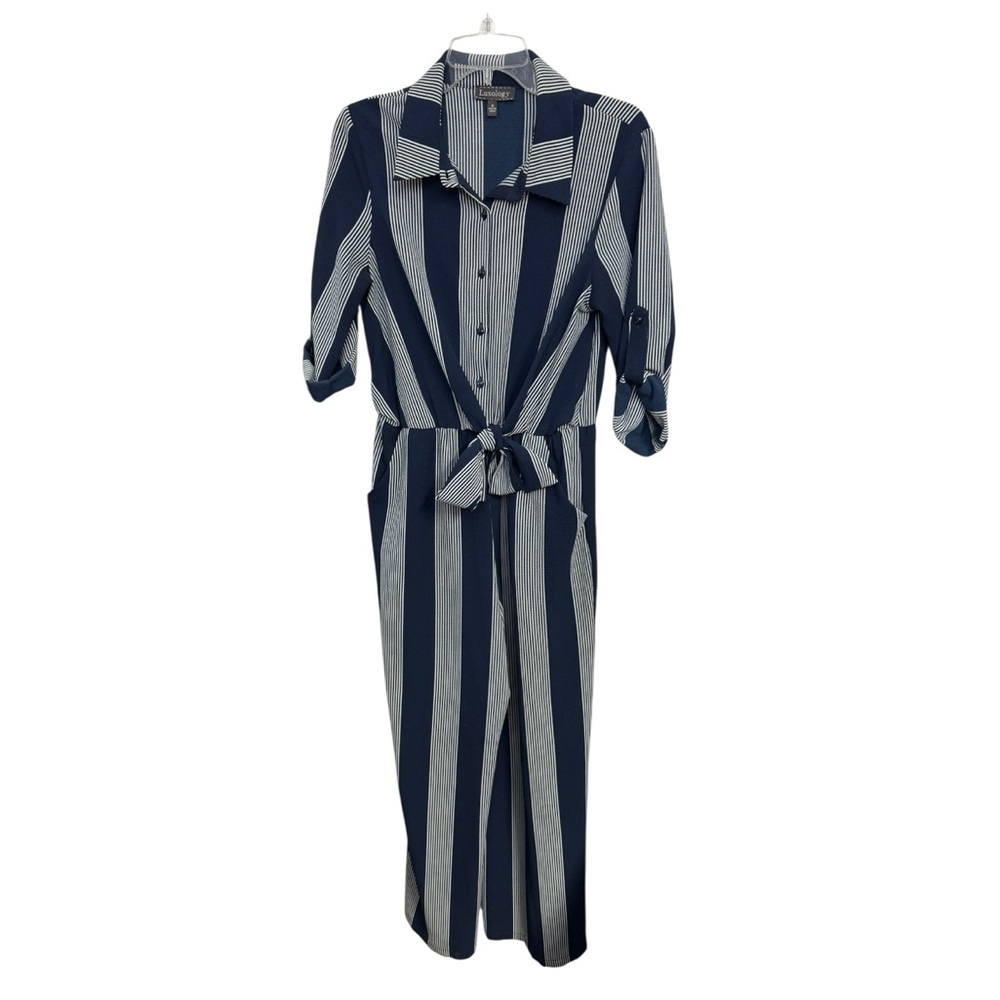 Luxology Women’s Navy and White Striped Jumpsuit Size L‎